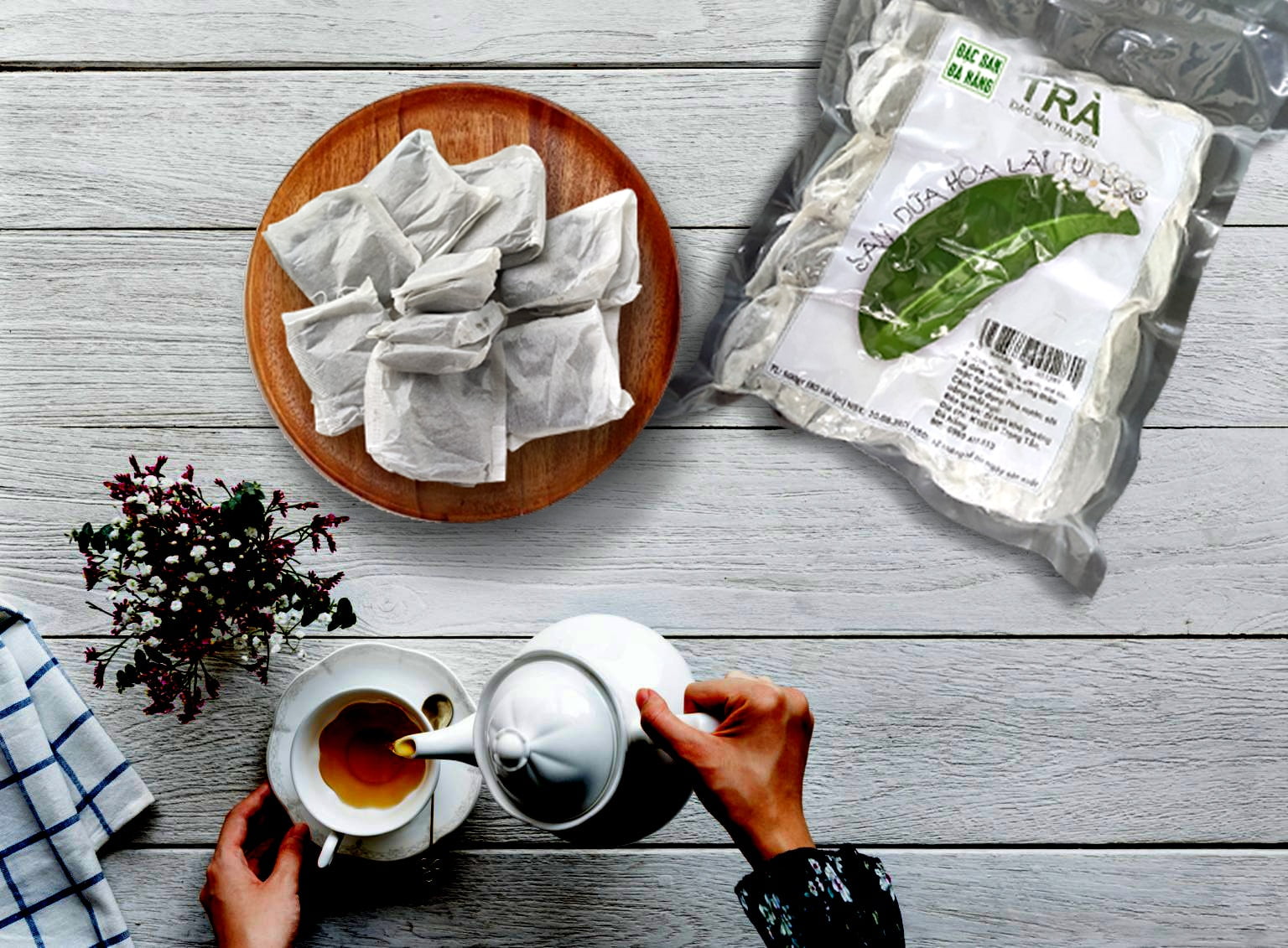 Hình ảnh thực tế của gói trà sâm dứa túi lọc Đà Nẵng
